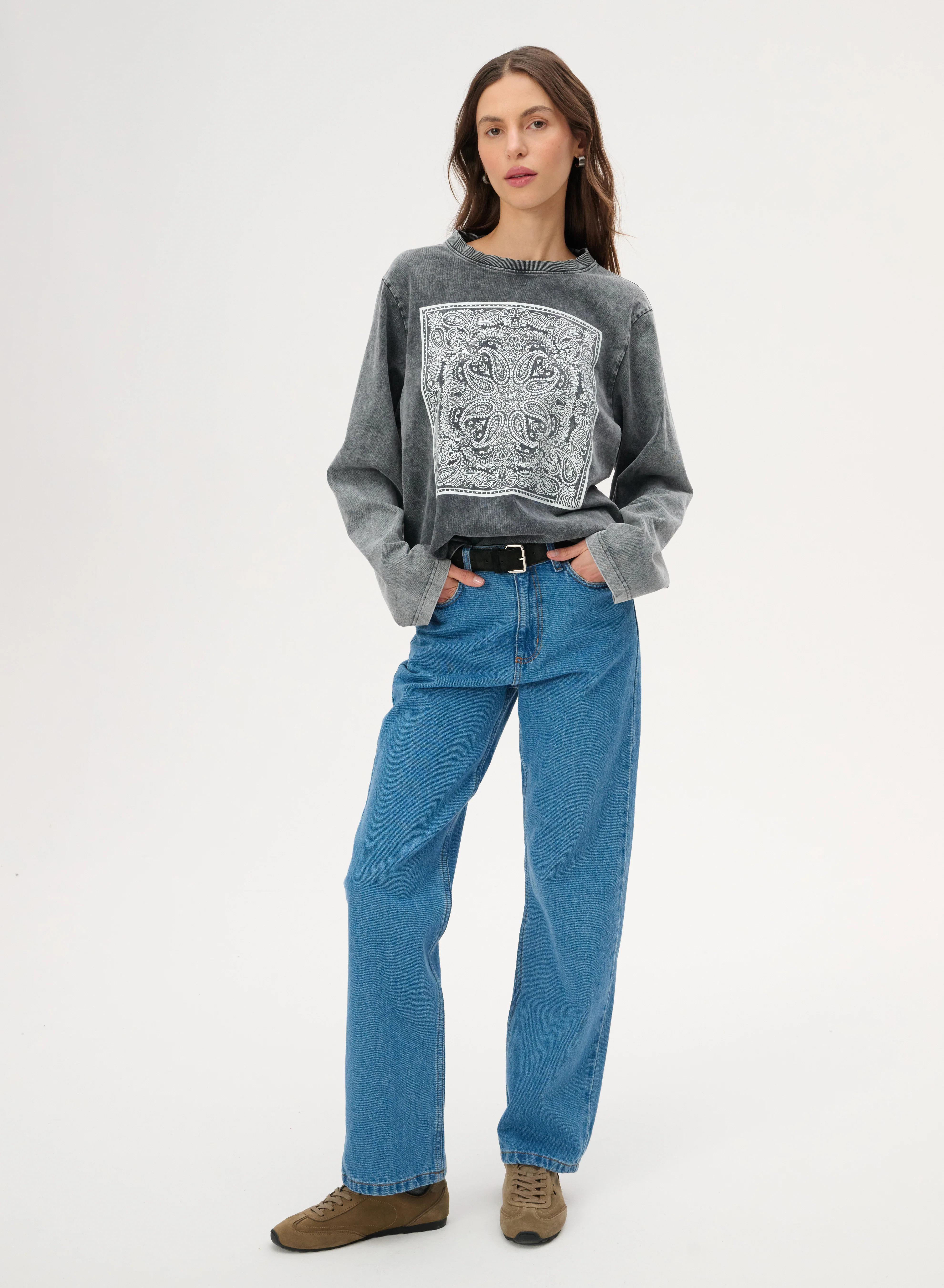 Longsleeve z dzianiny w kolorze szarym z nadrukiem bandany - Nero - Image 3