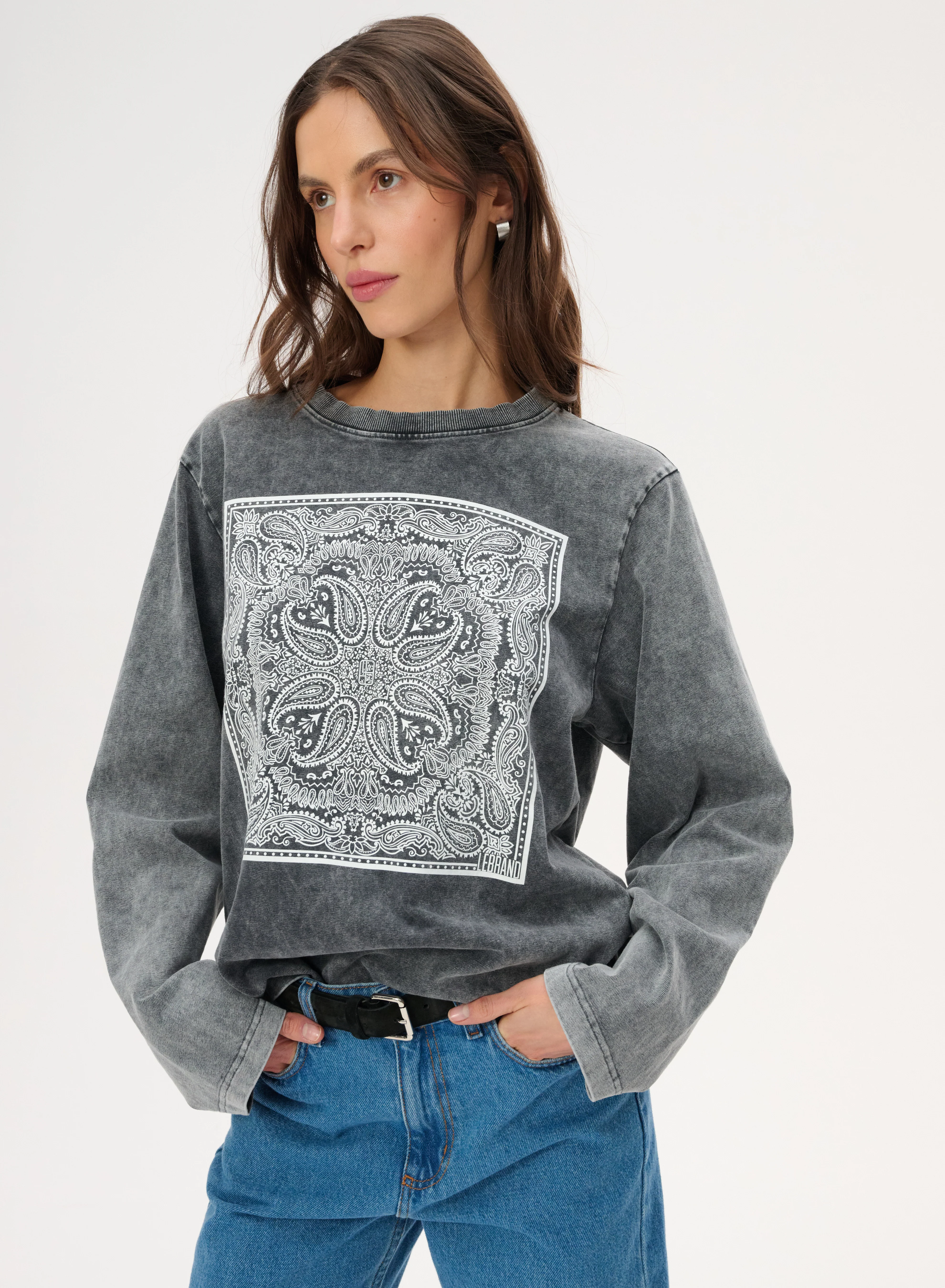 Longsleeve z dzianiny w kolorze szarym z nadrukiem bandany - Nero - Image 4