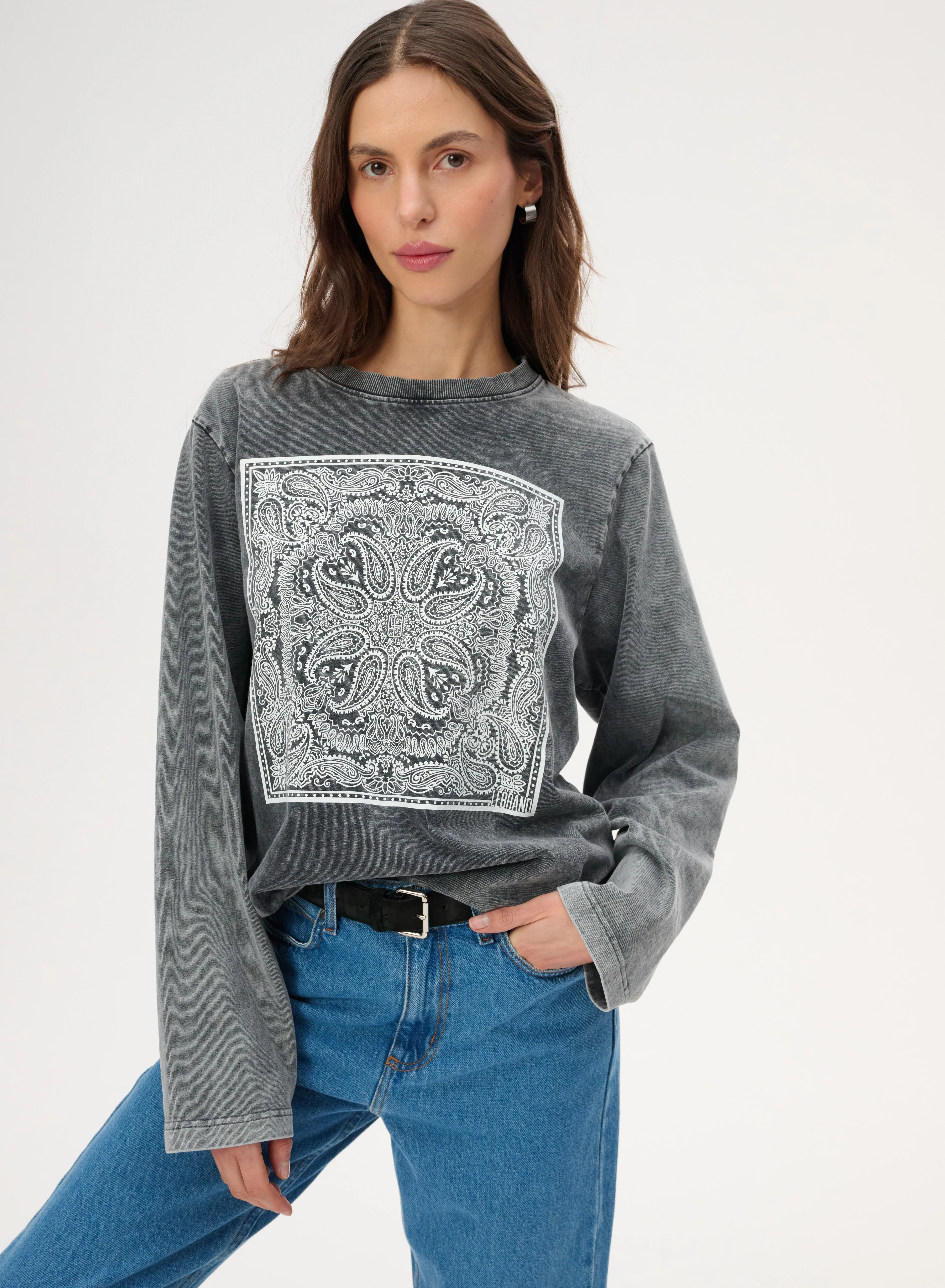 Longsleeve z dzianiny w kolorze szarym z nadrukiem bandany - Nero - Image 5